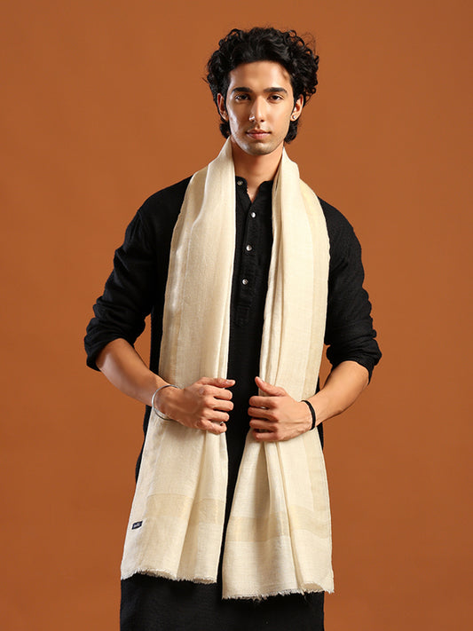 Tweedle Men’s Fine Wool Reversible Stole with Zari Border- Off-White