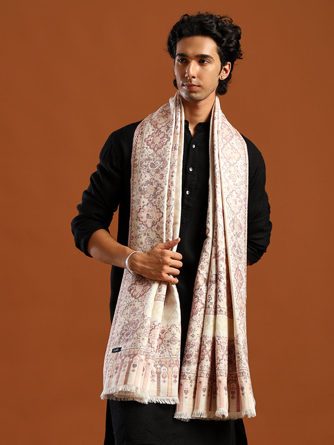 Tweedle Men’s Naira Kani Design and Zari Border - White, Size - 40 x 80 inches