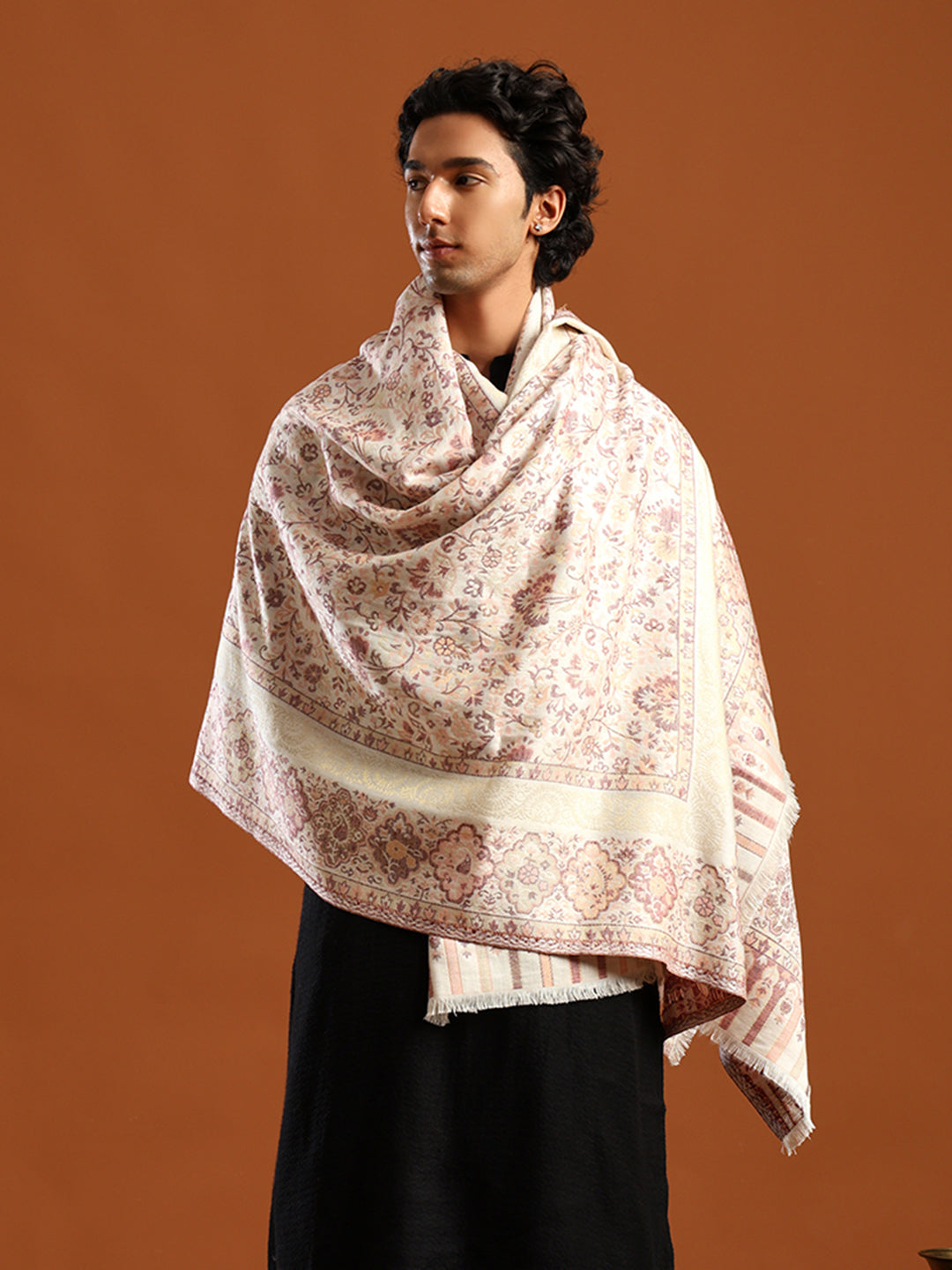 Tweedle Men’s Naira Kani Design and Zari Border - White, Size - 40 x 80 inches