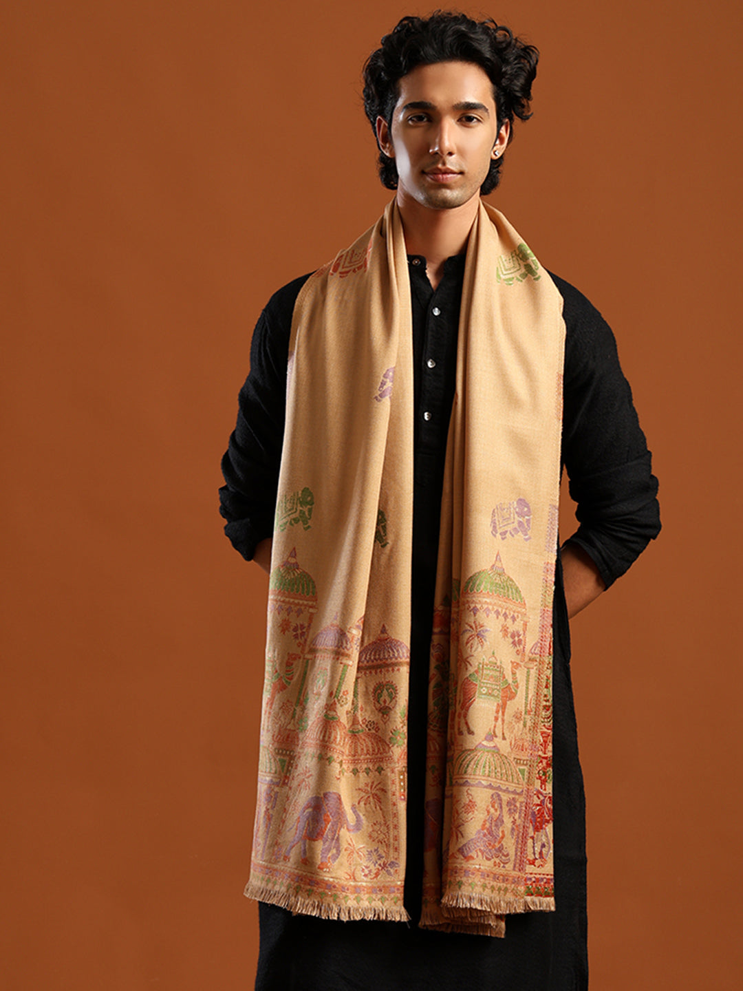 Tweedle Men’s Mahotsav Ethnic Design Zari Shawl, Faux Wool - Beige, Size - 40 x 80 inches