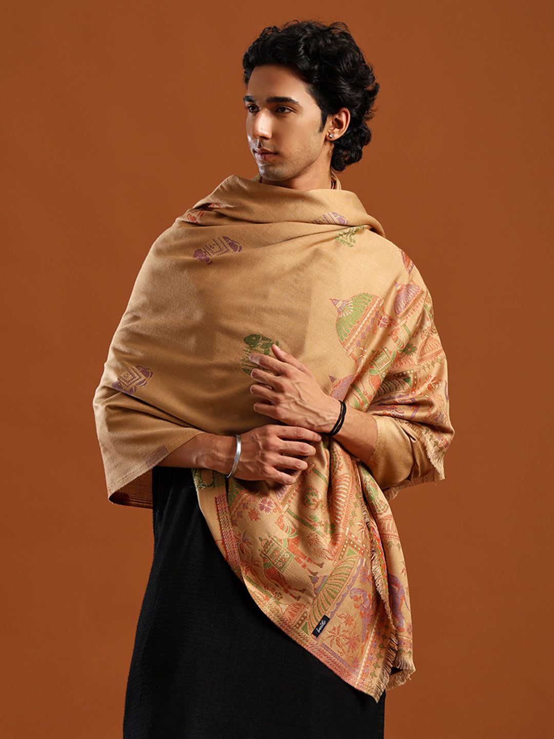 Tweedle Men’s Mahotsav Ethnic Design Zari Shawl, Faux Wool - Beige, Size - 40 x 80 inches