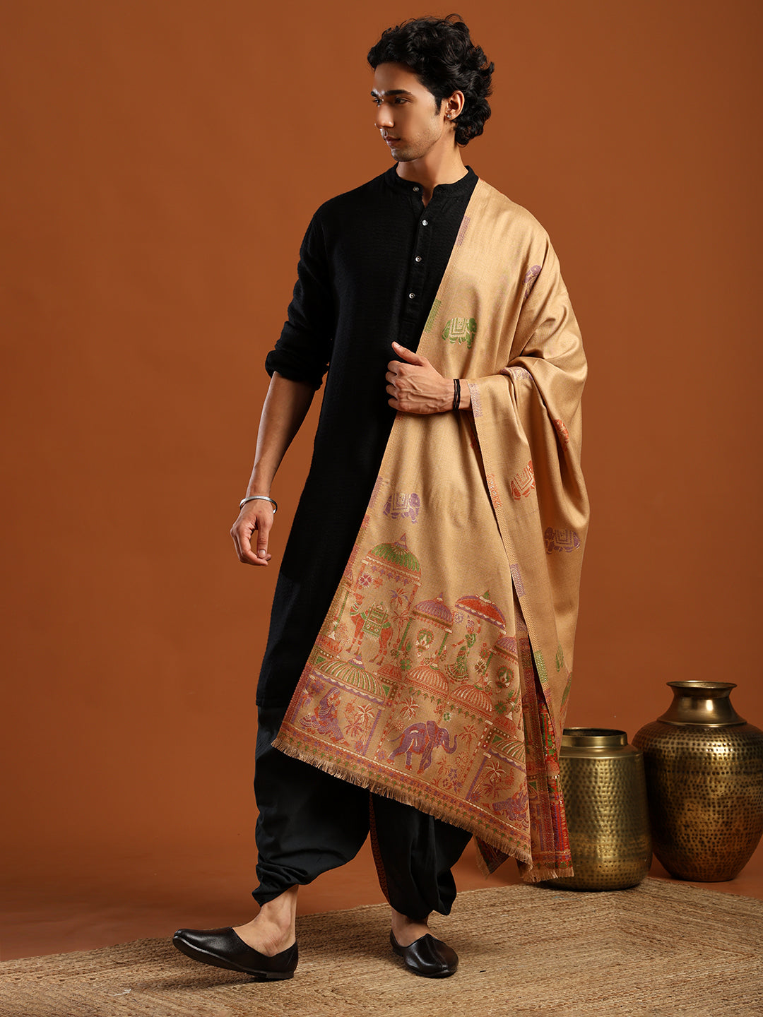 Tweedle Men’s Mahotsav Ethnic Design Zari Shawl, Faux Wool - Beige, Size - 40 x 80 inches