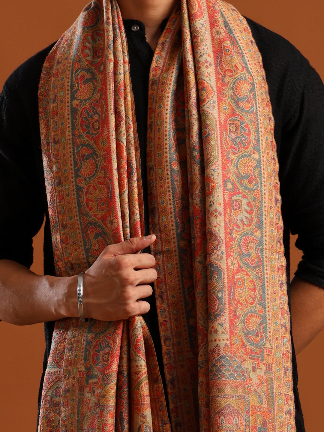 Tweedle Wool Blend Kani Shawl for Men – Beige, Size – 40x80