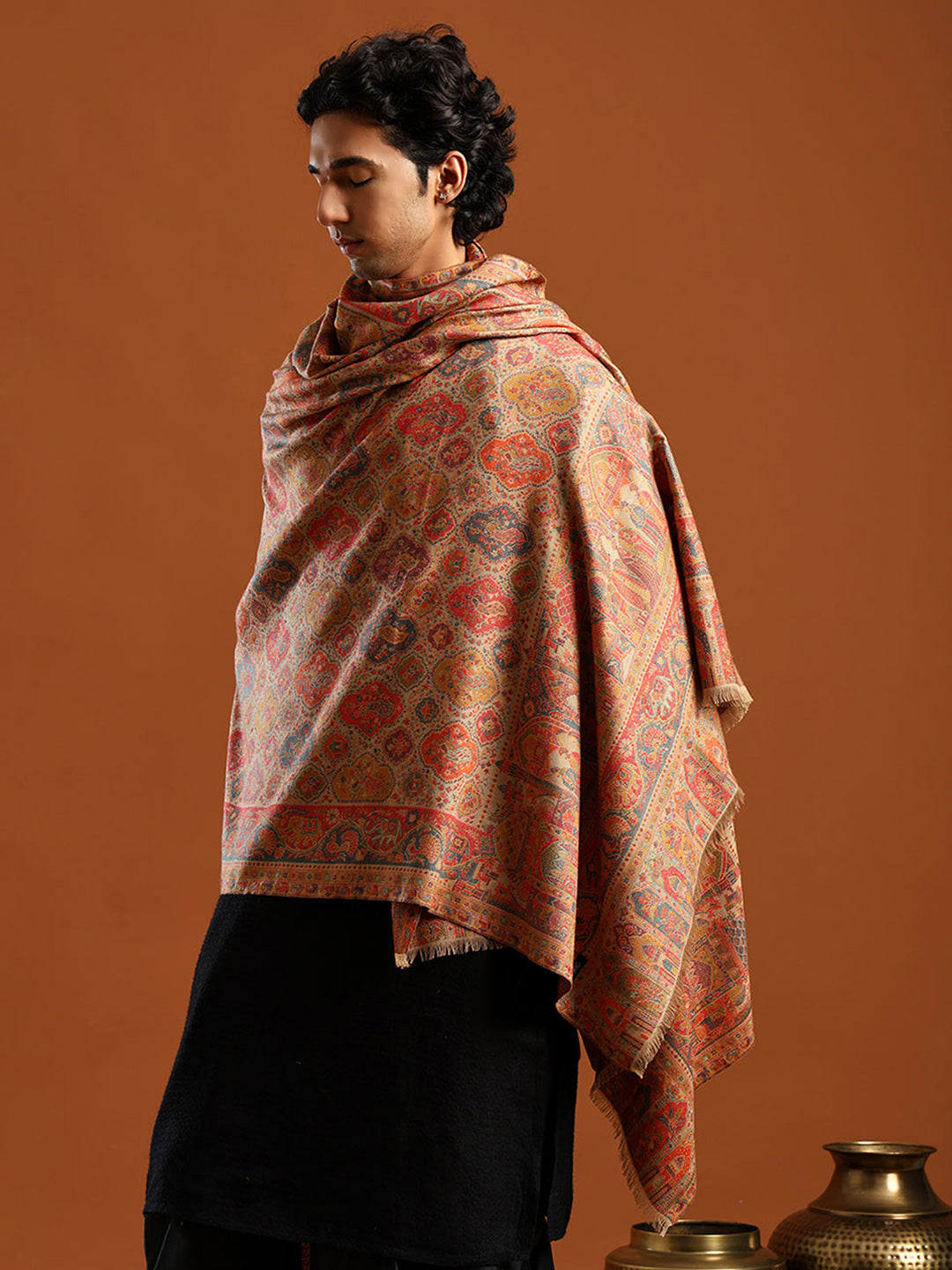 Tweedle Wool Blend Kani Shawl for Men – Beige, Size – 40x80