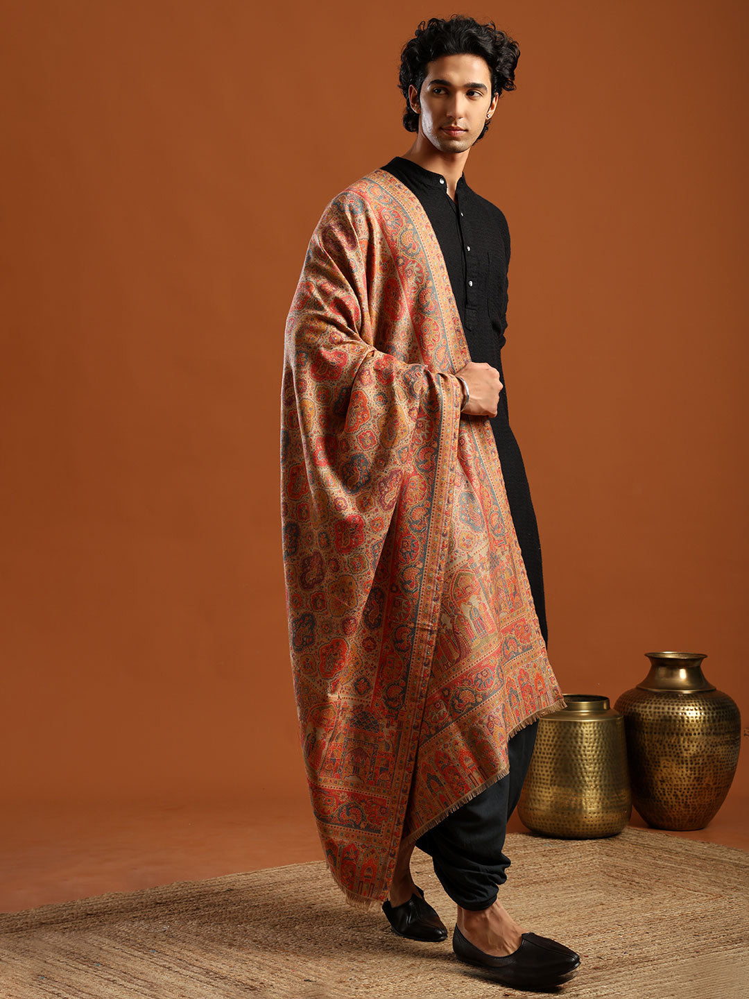 Tweedle Wool Blend Kani Shawl for Men – Beige, Size – 40x80