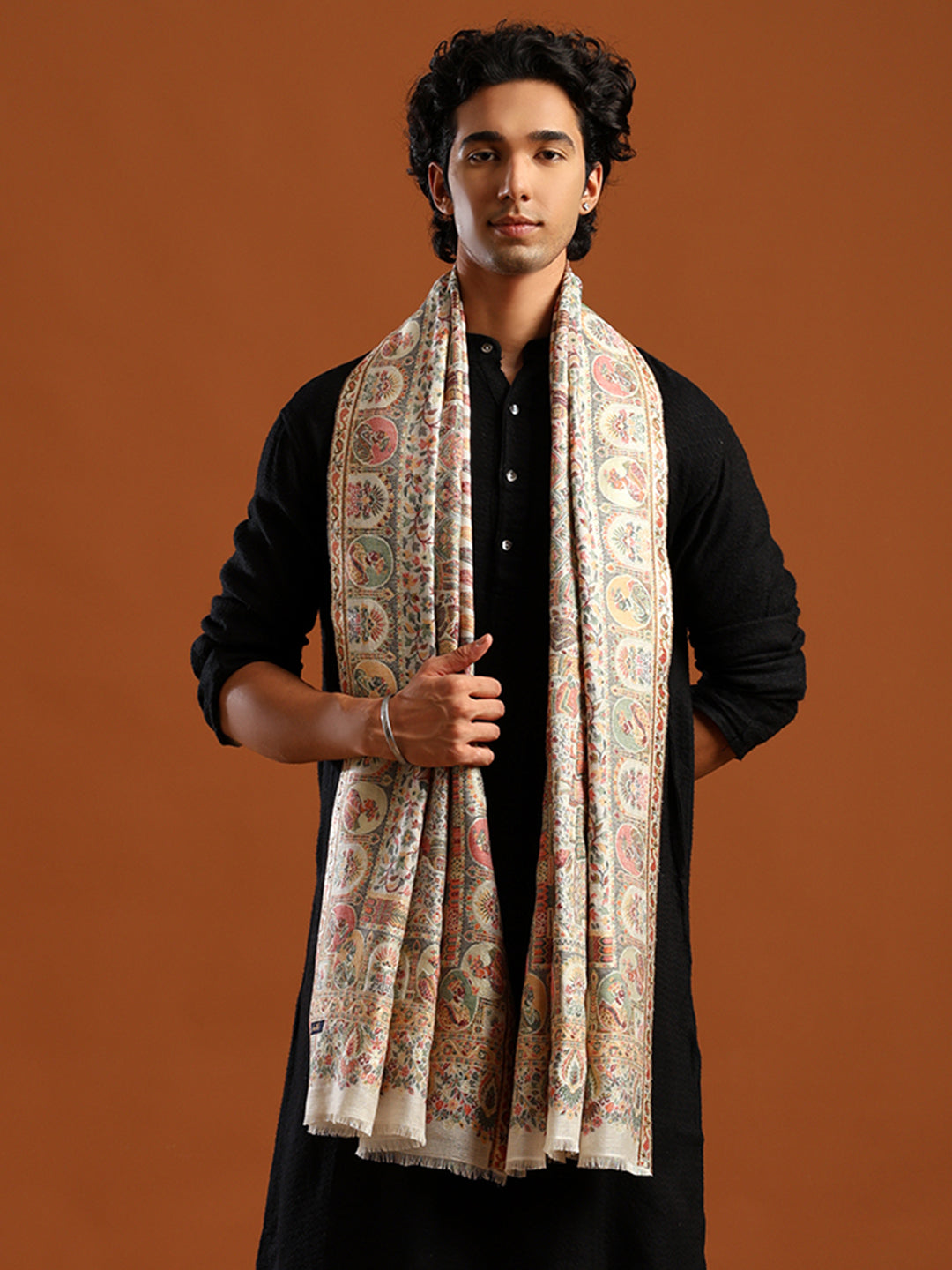 Tweedle Men’s Zari Weave, Darbar Design, Soft Bamboo Stole - White