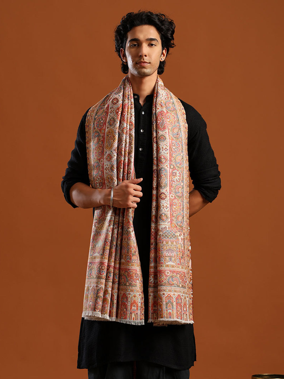 Tweedle Wool Blend Kani Shawl for Men – White, Size – 40x80