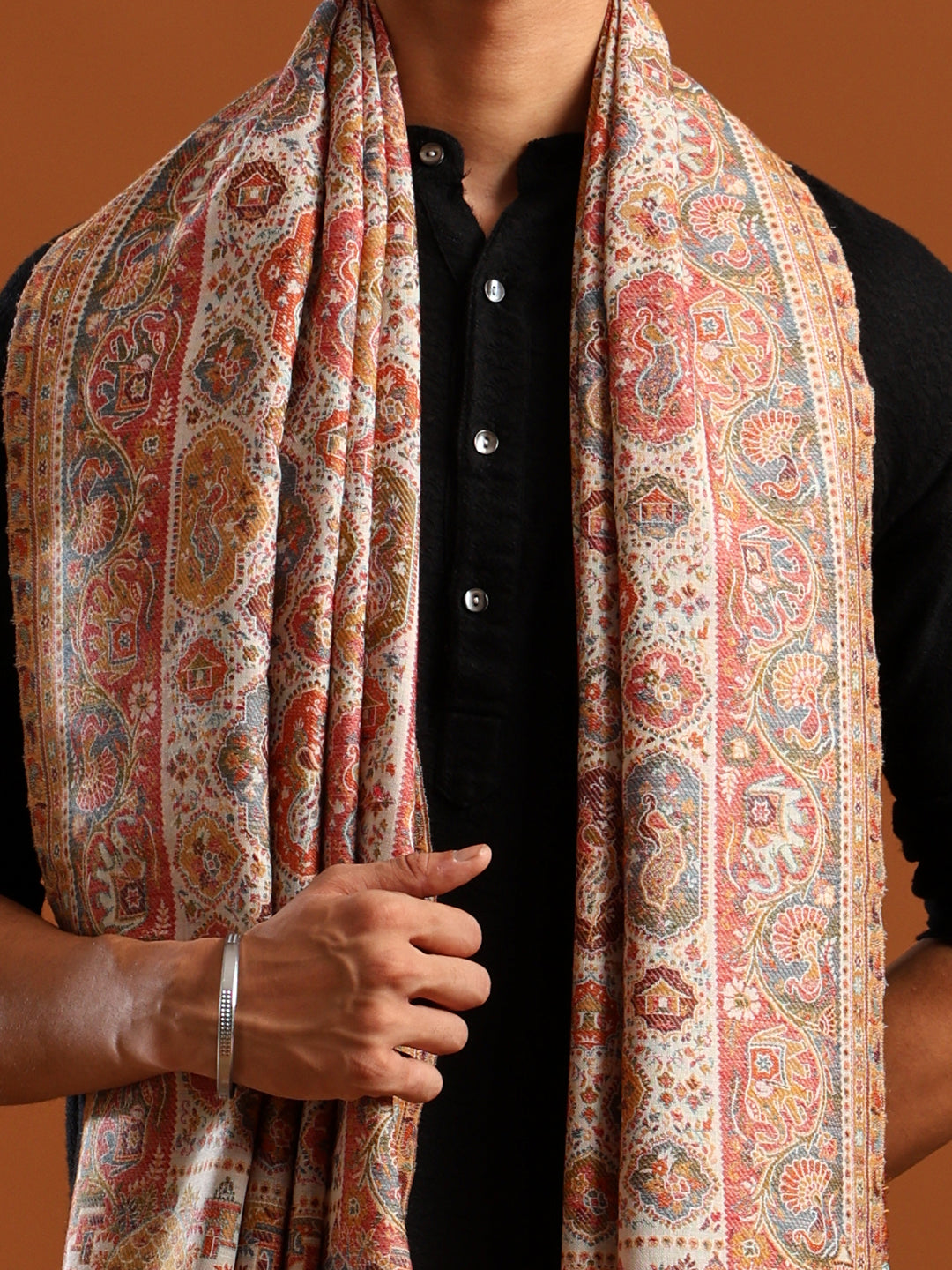 Tweedle Wool Blend Kani Shawl for Men – White, Size – 40x80