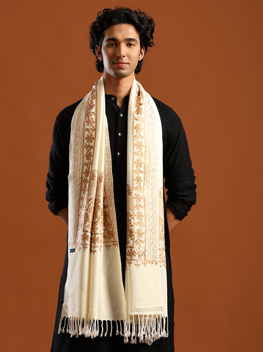 Tweedle Men’s Kashmiri Aari Embroidery Stole/ Scarf - Off-White, Size - 28 x 80 inches