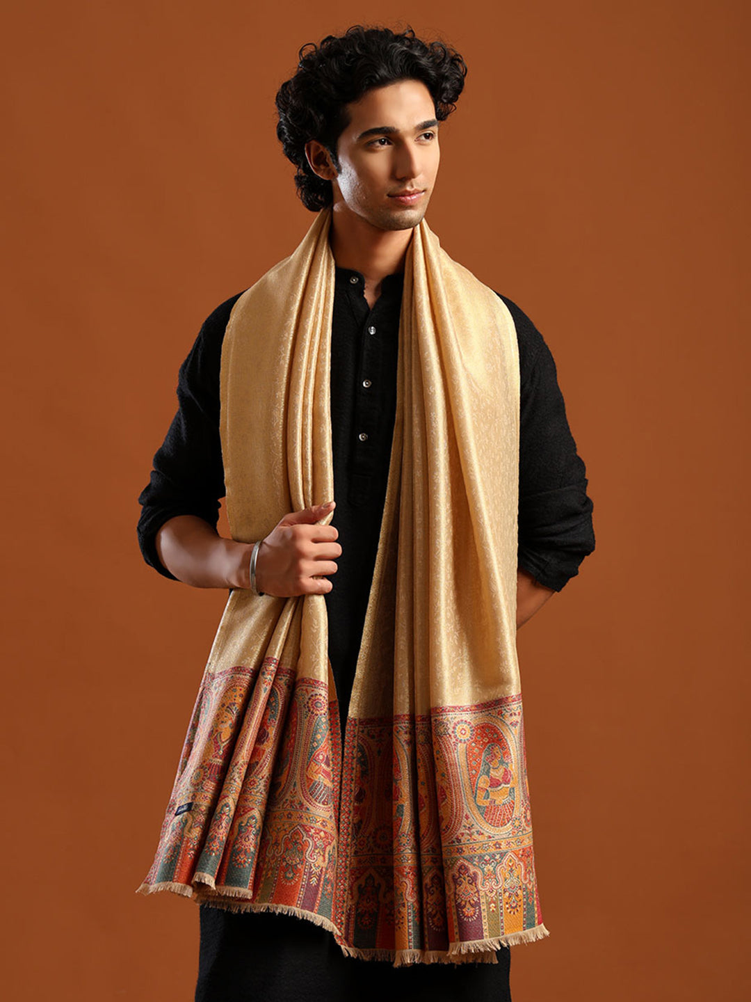 Woven Design, Ethnic Motifs Zari Shimmer Shawl for men - Black