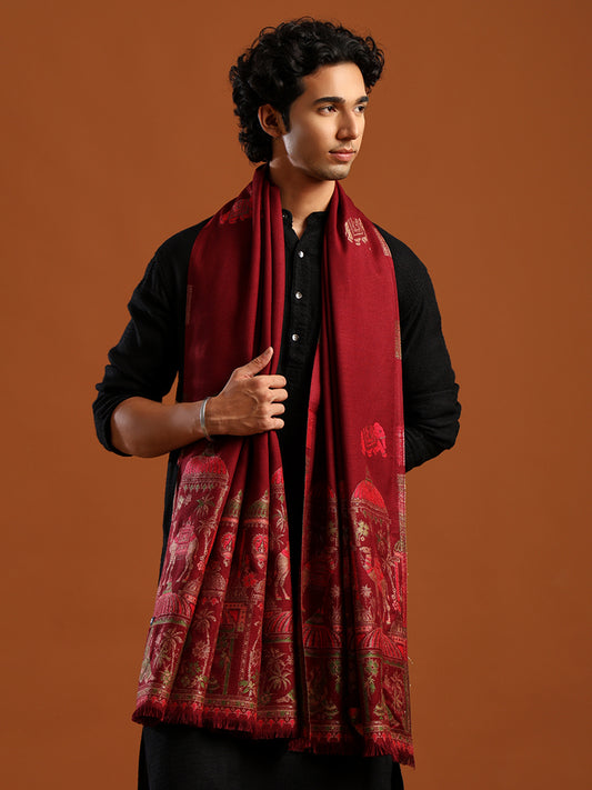 Tweedle Men’s Mahotsav Ethnic Design Zari Shawl, Faux Wool - Maroon, Size - 40 x 80 inches