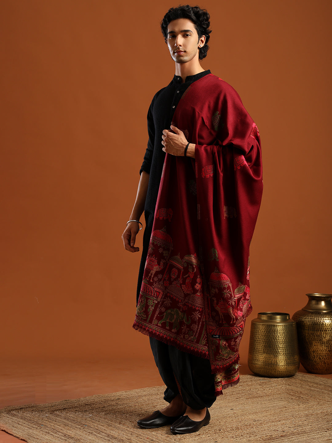 Tweedle Men’s Mahotsav Ethnic Design Zari Shawl, Faux Wool - Maroon, Size - 40 x 80 inches