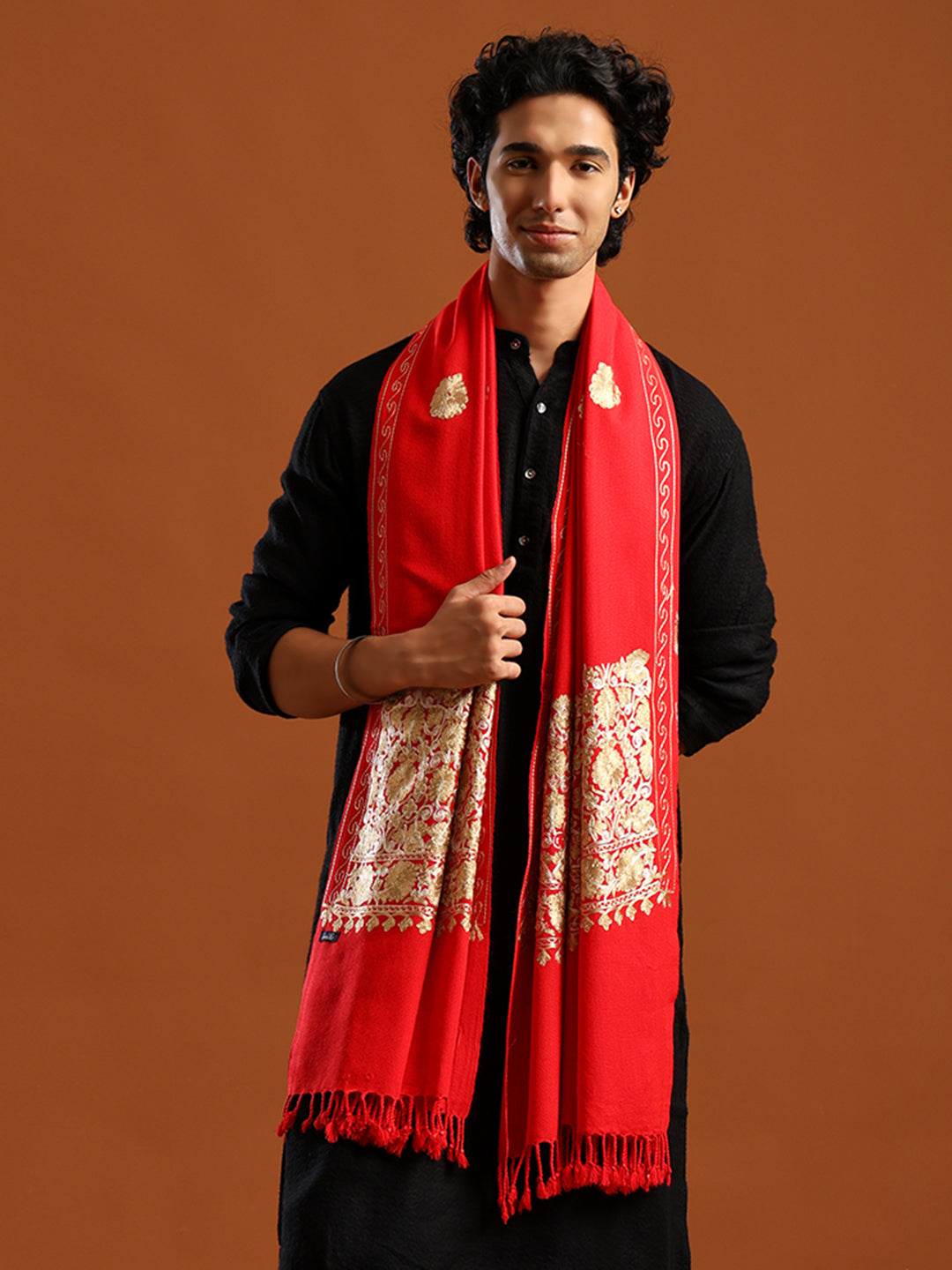 Tweedle Men’s Kashmiri Aari Embroidery Shawl / Stole - Red, Size - 40 x 80 inches