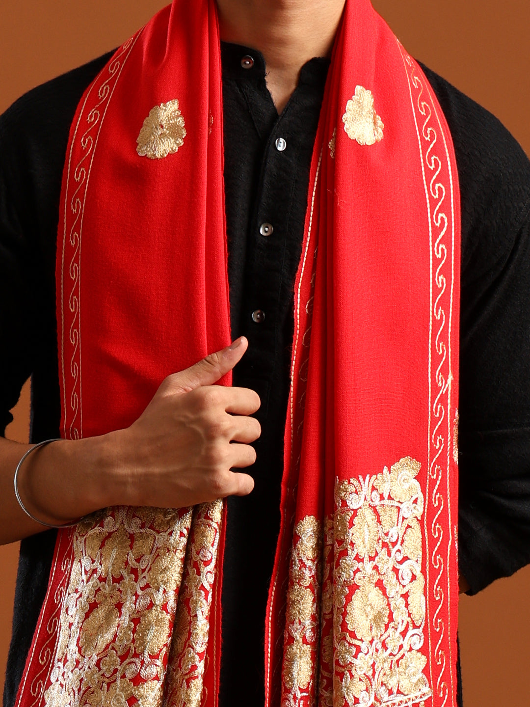Tweedle Men’s Kashmiri Aari Embroidery Shawl / Stole - Red, Size - 40 x 80 inches