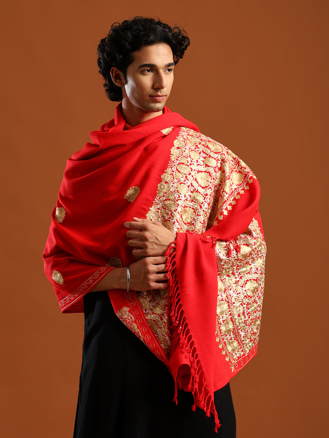 Tweedle Men’s Kashmiri Aari Embroidery Shawl / Stole - Red, Size - 40 x 80 inches
