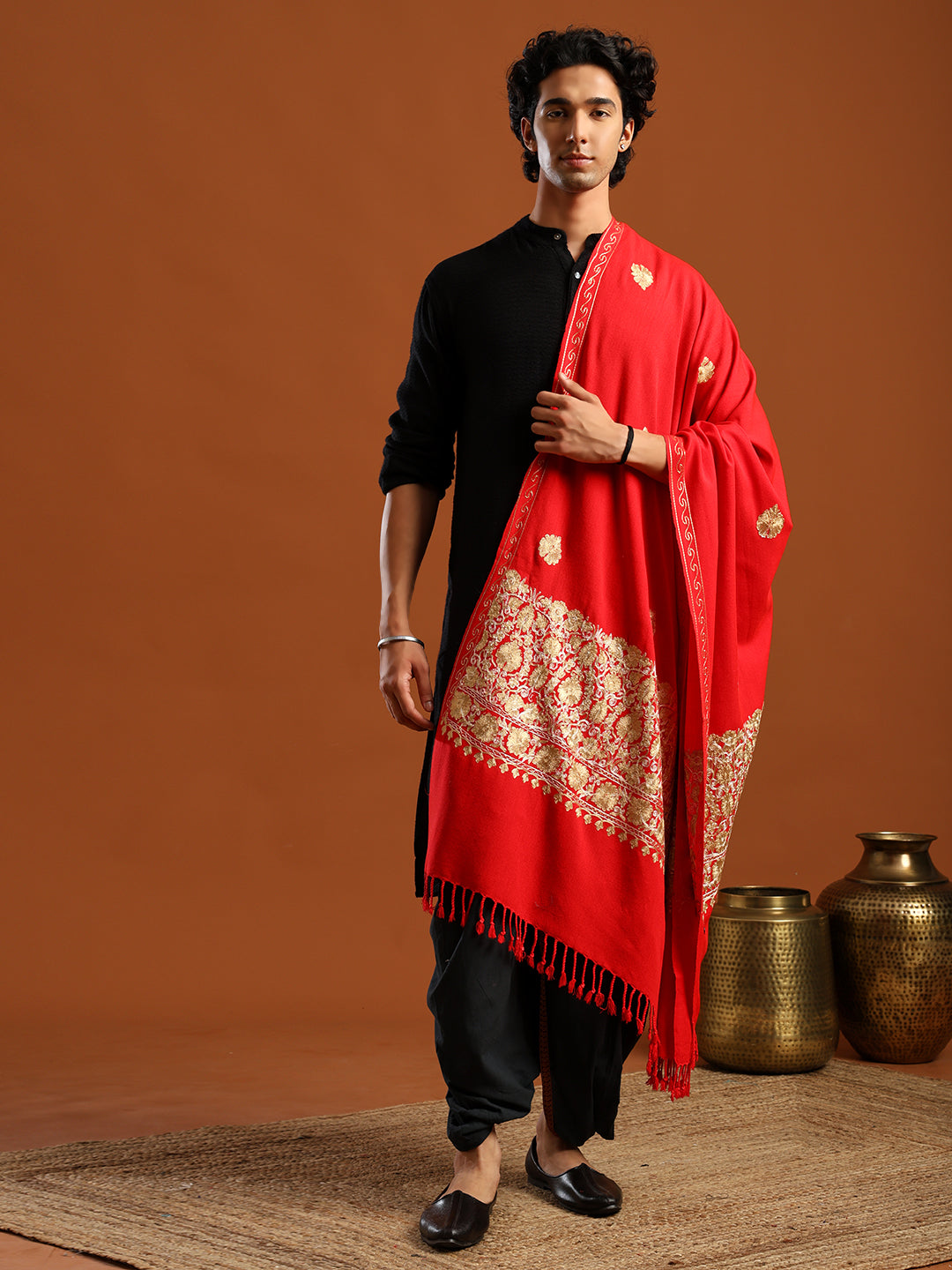Tweedle Men’s Kashmiri Aari Embroidery Shawl / Stole - Red, Size - 40 x 80 inches