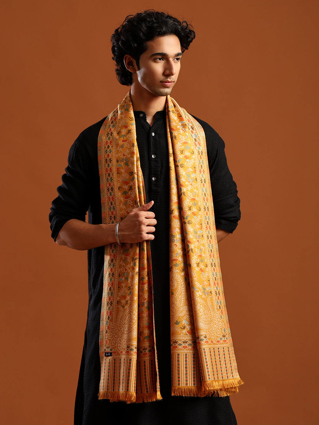 Tweedle Men’s Ethnic Kashmiri Kani Stole/ Scarf- Mustrad, Size - 28 x 80 inches