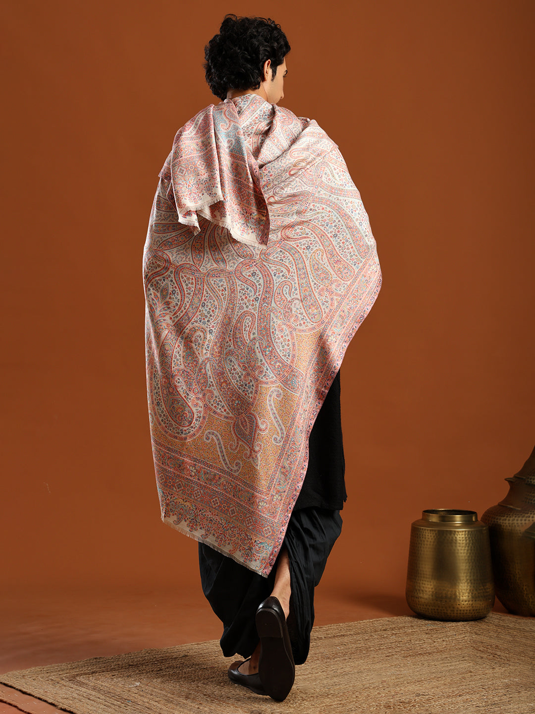 Tweedle Men’s Ruhani Kashmiri Kani Shawl - White, 40 x 80 inch