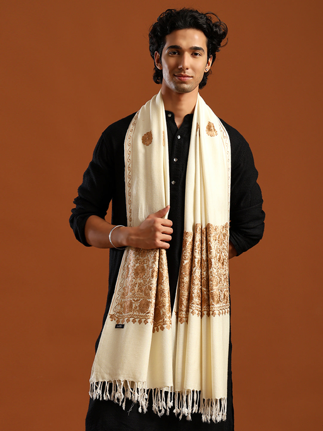 Tweedle Men’s Kashmiri Aari Embroidery Shawl / Stole - Off-White, Size - 40 x 80 inches