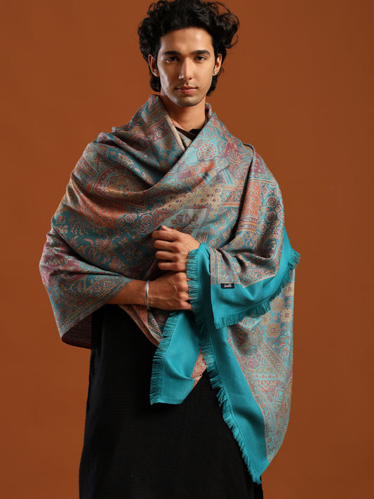 Tweedle Men’s Jamawar Shawl, Faux Pashmina - Turquoise, Size 40 x 80 inches