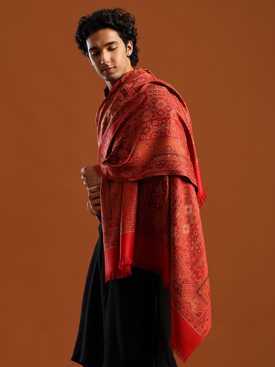 Tweedle Men’s Jamawar Shawl, Faux Pashmina - Maroon, Size 40 x 80 inches