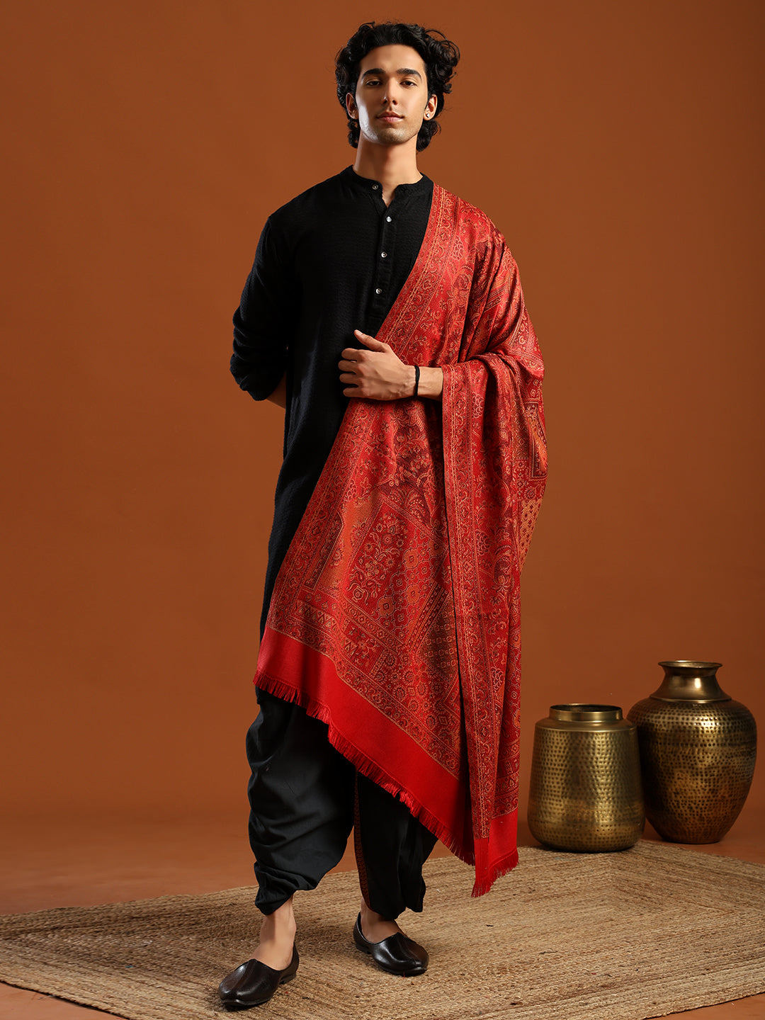 Tweedle Men’s Jamawar Shawl, Faux Pashmina - Maroon, Size 40 x 80 inches