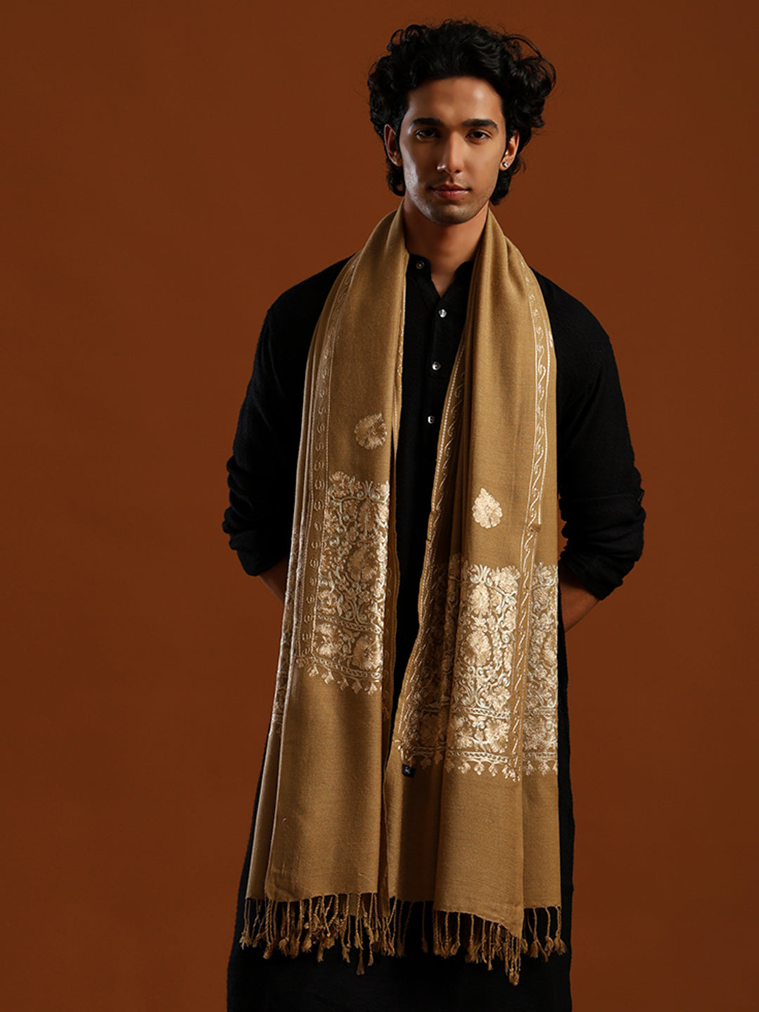 Tweedle Men’s Kashmiri Aari Embroidery Shawl / Stole - Beige, Size - 40 x 80 inches