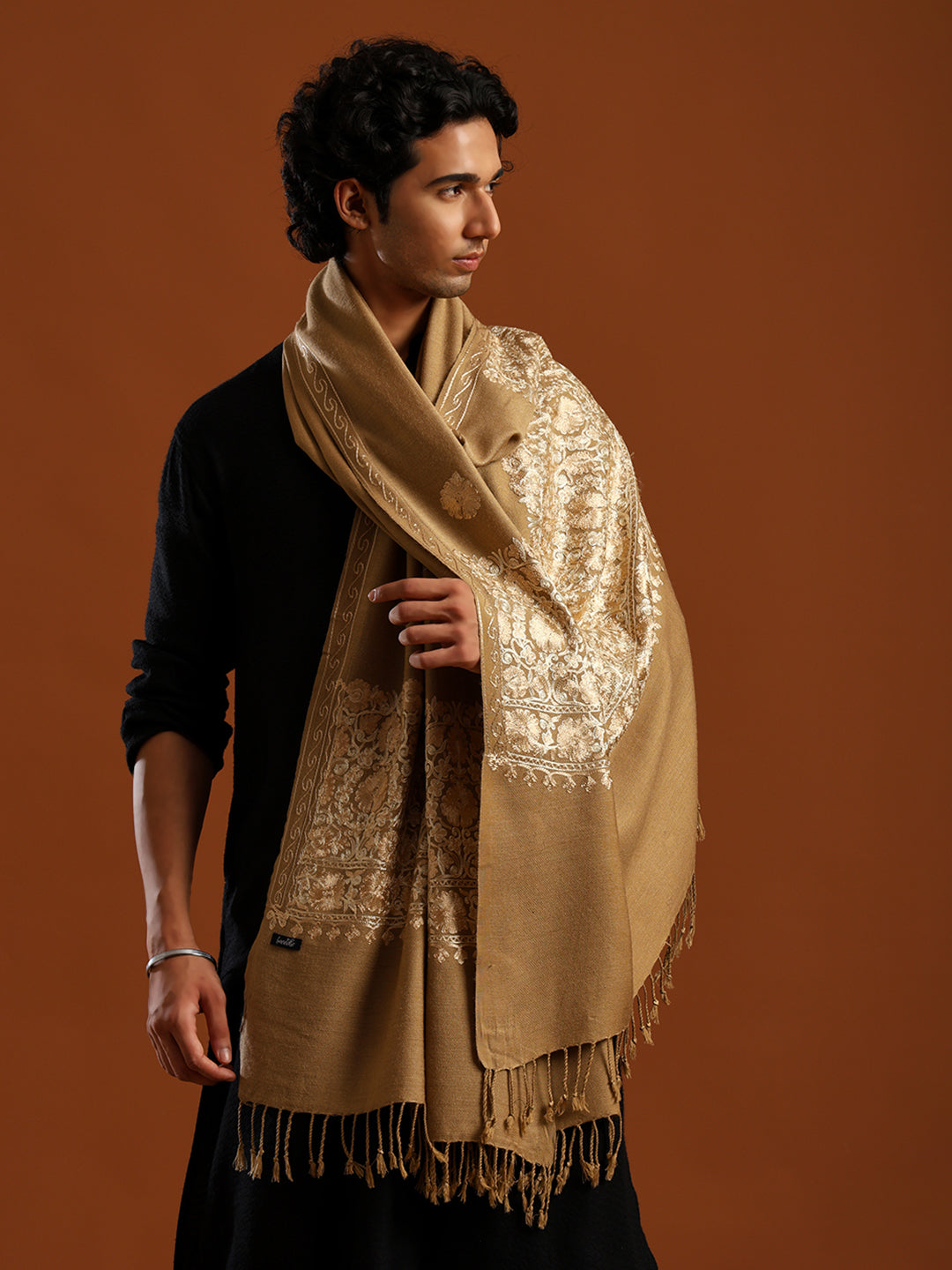 Tweedle Men’s Kashmiri Aari Embroidery Shawl / Stole - Beige, Size - 40 x 80 inches