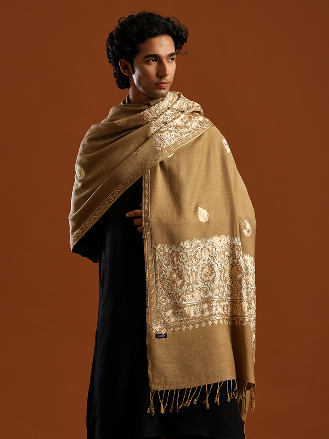 Tweedle Men’s Kashmiri Aari Embroidery Shawl / Stole - Beige, Size - 40 x 80 inches