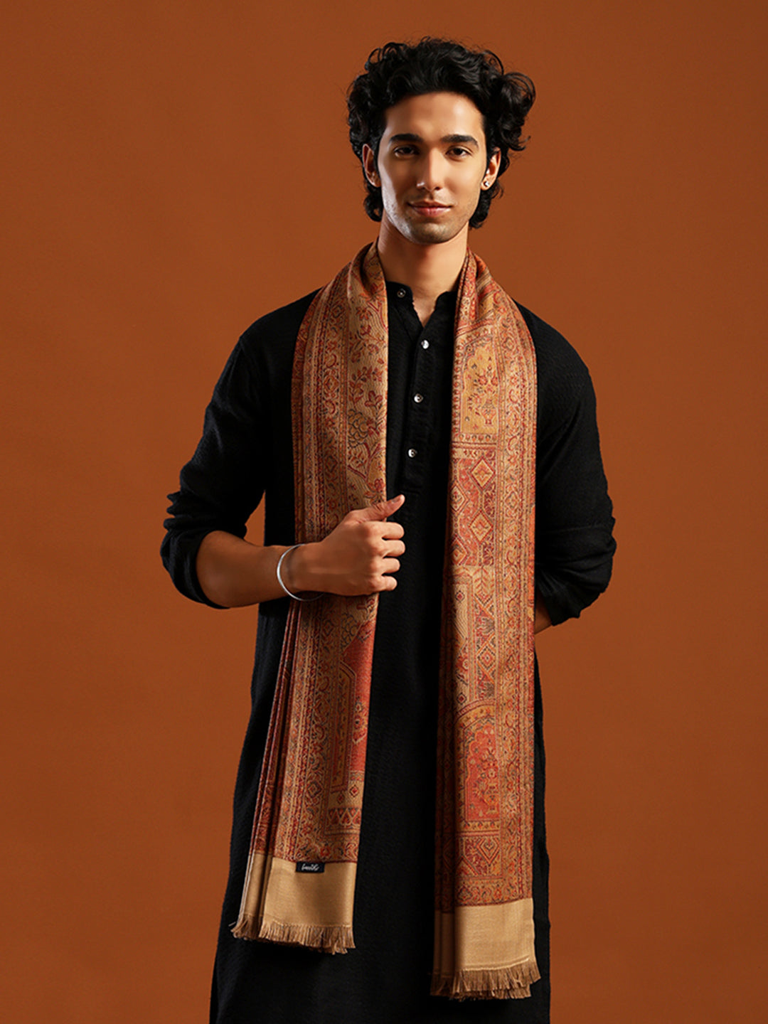 Tweedle Men’s Jamawar Shawl, Faux Pashmina - Beige, Size 40 x 80 inches