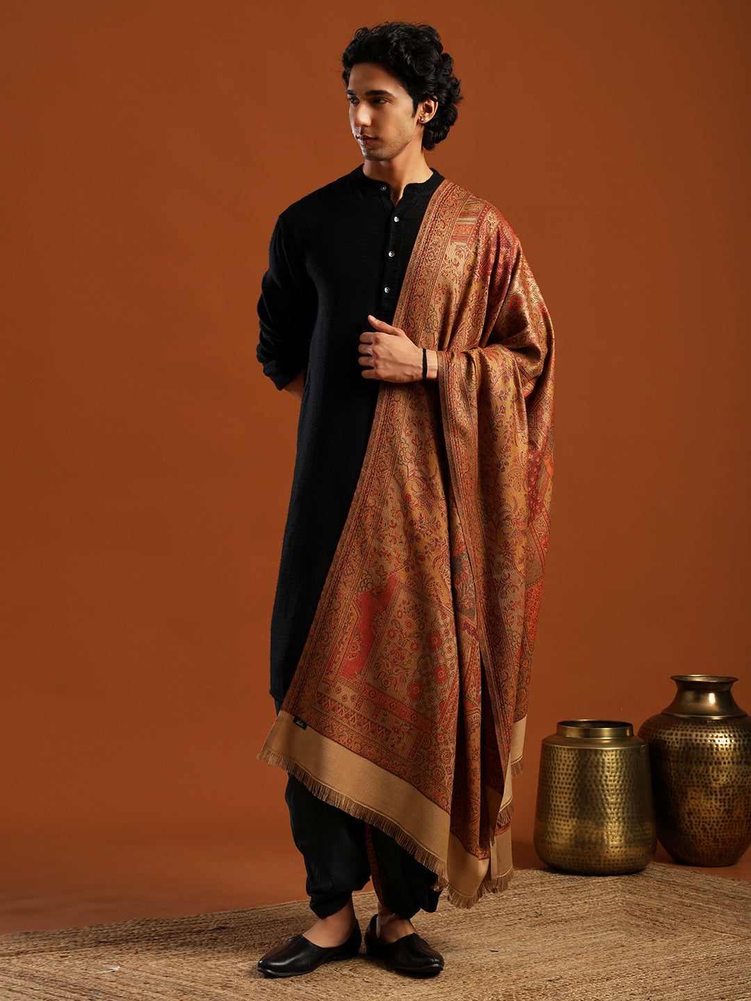 Tweedle Men’s Jamawar Shawl, Faux Pashmina - Beige, Size 40 x 80 inches