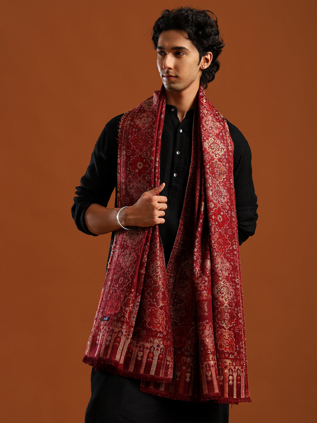 Tweedle Men’s Naira Kani Design and Zari Border - Maroon, Size - 40 x 80 inches