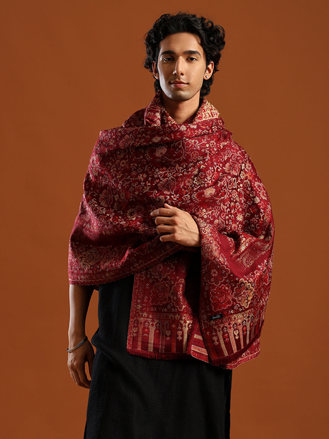 Tweedle Men’s Naira Kani Design and Zari Border - Maroon, Size - 40 x 80 inches