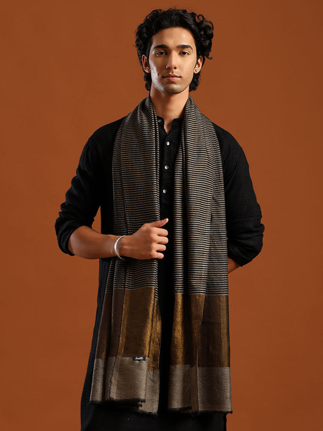 Tweedle Men’s Fine Wool Stole with Striped Zari Palla - Black