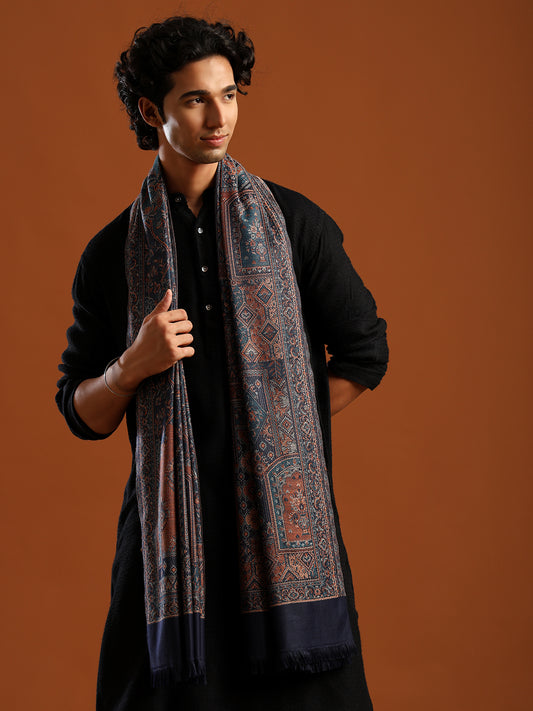 Tweedle Men’s Jamawar Shawl, Faux Pashmina - Blue, Size 40 x 80 inches