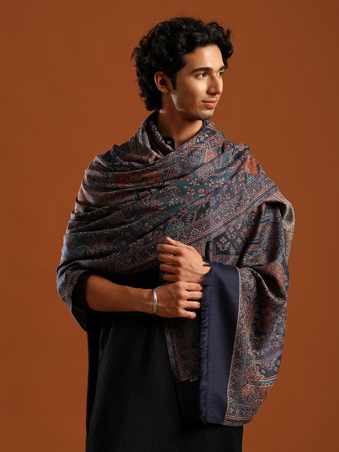 Tweedle Men’s Jamawar Shawl, Faux Pashmina - Blue, Size 40 x 80 inches