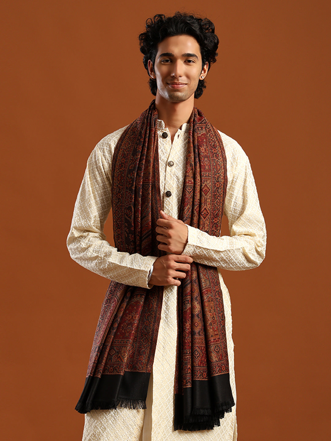 Tweedle Men’s Jamawar Shawl, Faux Pashmina - Black, Size 40 x 80 inches