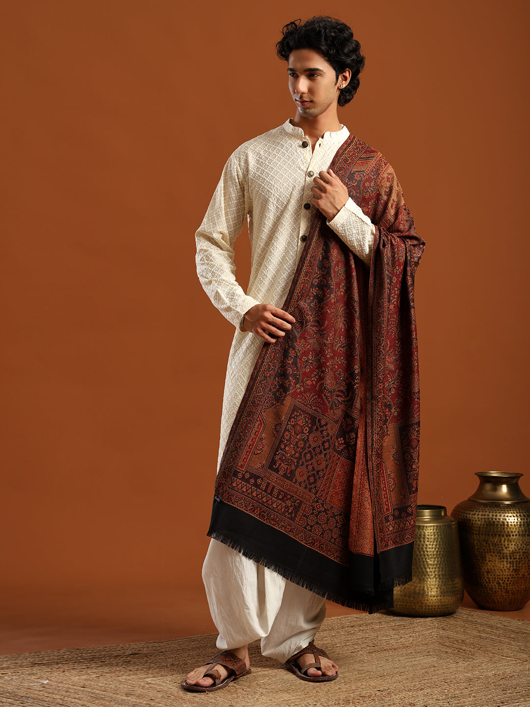 Tweedle Men’s Jamawar Shawl, Faux Pashmina - Black, Size 40 x 80 inches