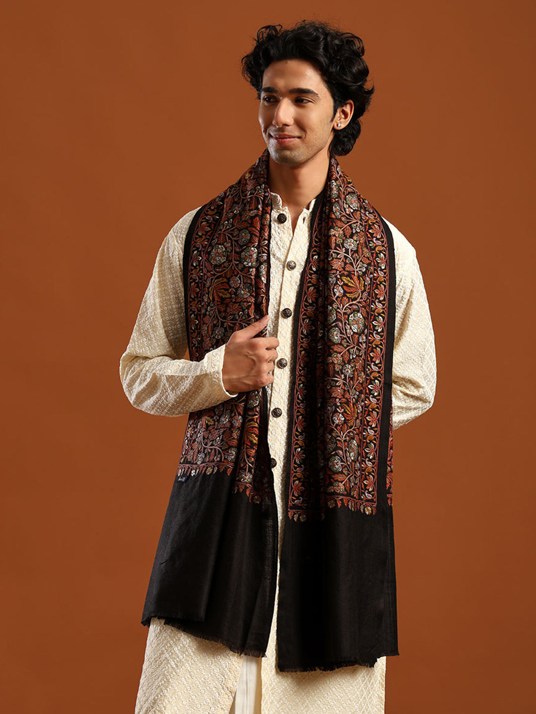 Tweedle Men’s Pure Wool Sozni Embroidery Jama Shawl - Black, Size - 40x80