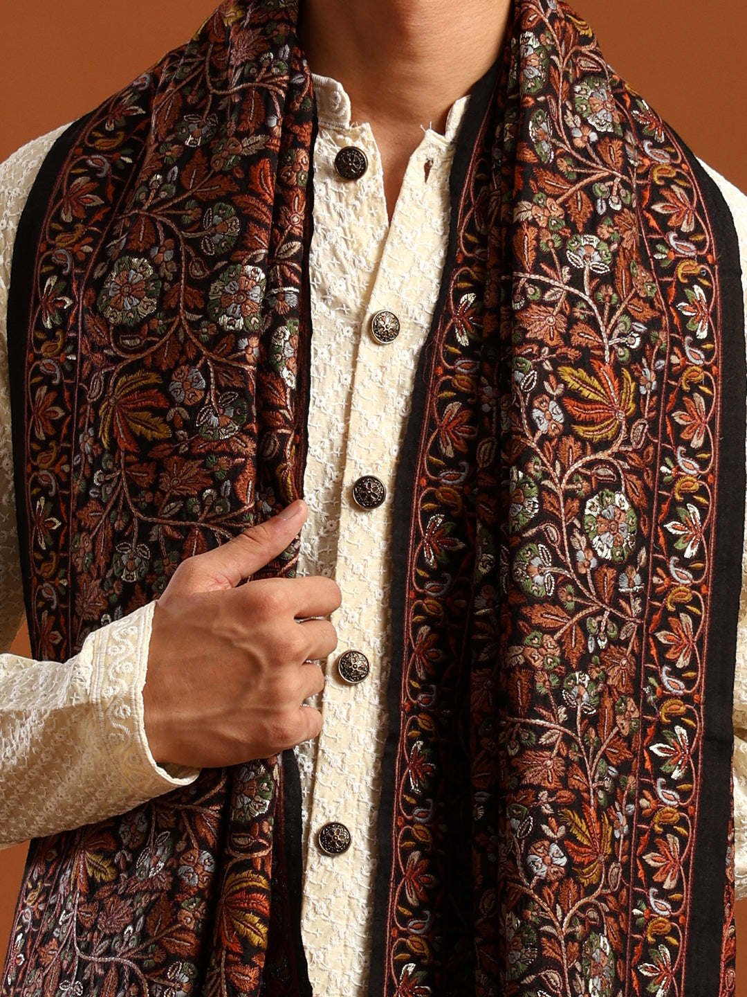 Tweedle Men’s Pure Wool Sozni Embroidery Jama Shawl - Black, Size - 40x80