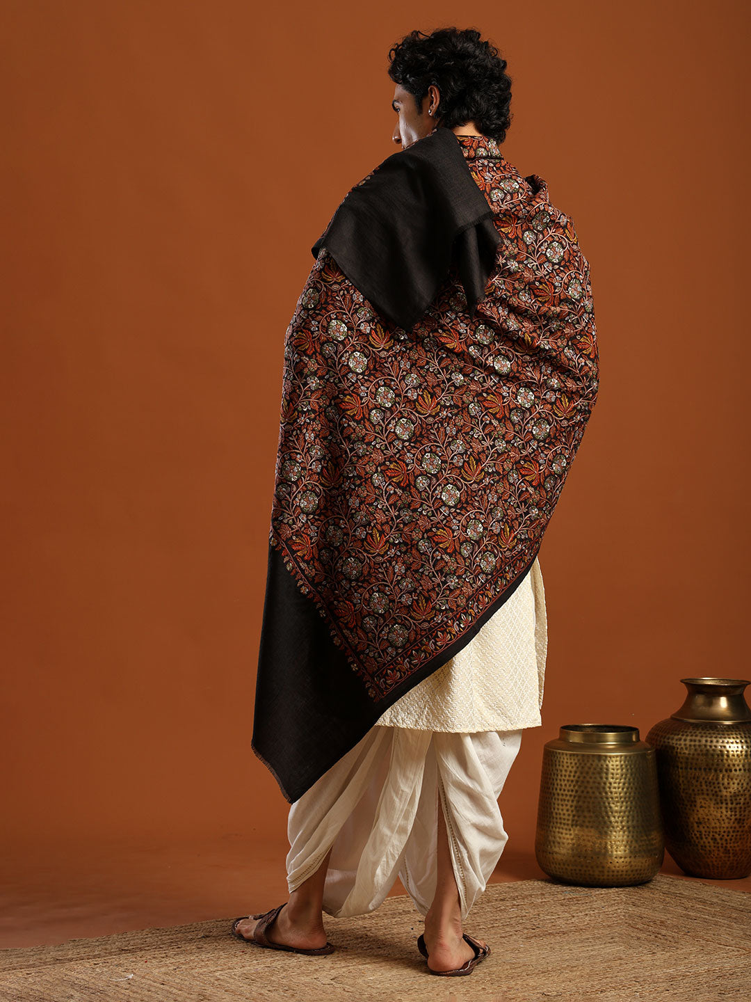 Tweedle Men’s Pure Wool Sozni Embroidery Jama Shawl - Black, Size - 40x80