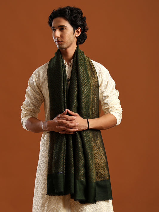 Tweedle Men’s Reversible Pashmina Wool Stole with Floral Zari Weave - Green