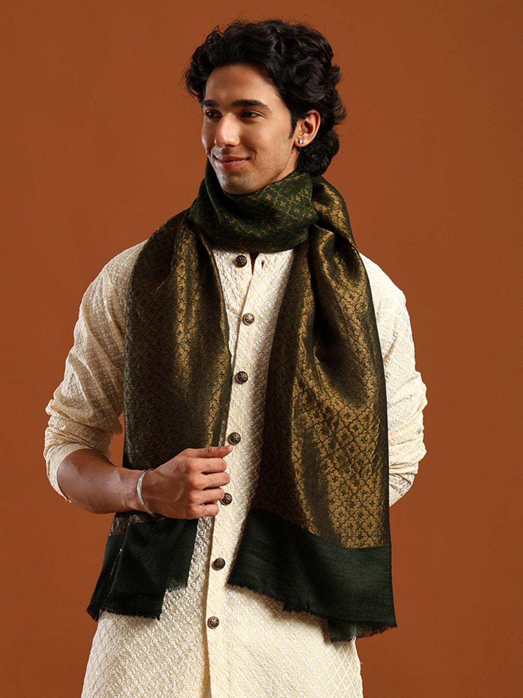 Tweedle Men’s Reversible Pashmina Wool Stole with Floral Zari Weave - Green