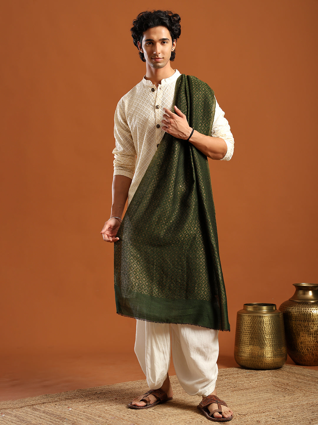 Tweedle Men’s Reversible Pashmina Wool Stole with Floral Zari Weave - Green