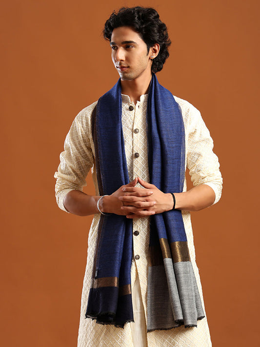 Tweedle Men’s Pashmina Wool Stole with Reversible Double Palla Zari Design - Blue