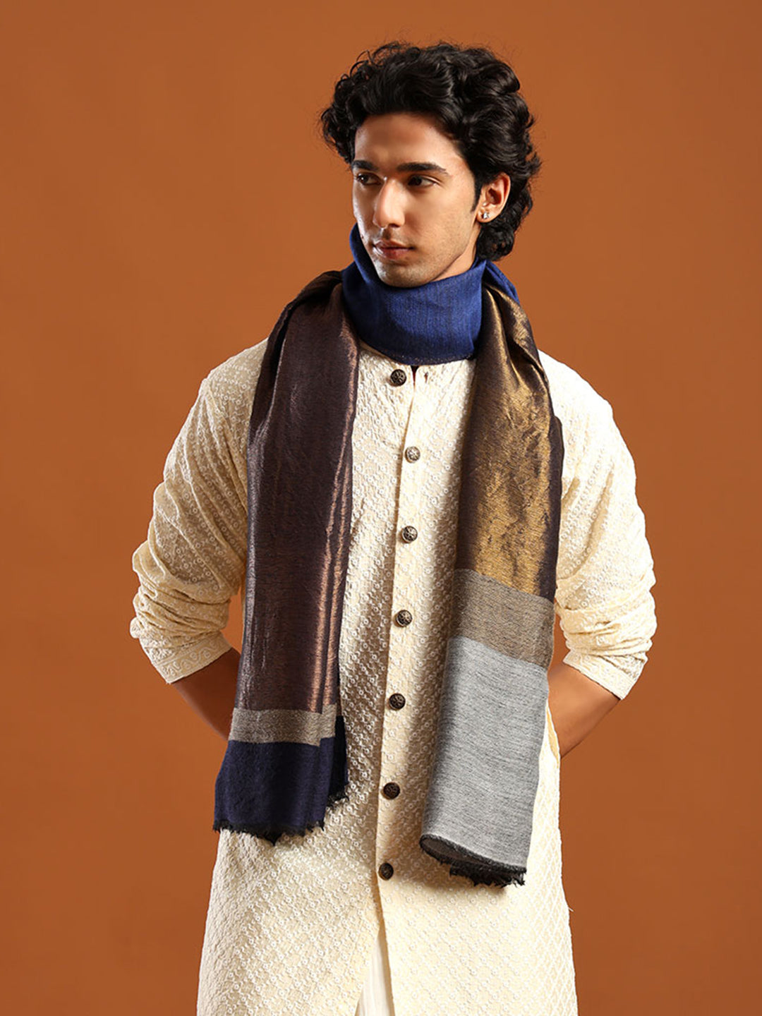 Tweedle Men’s Pashmina Wool Stole with Reversible Double Palla Zari Design - Blue