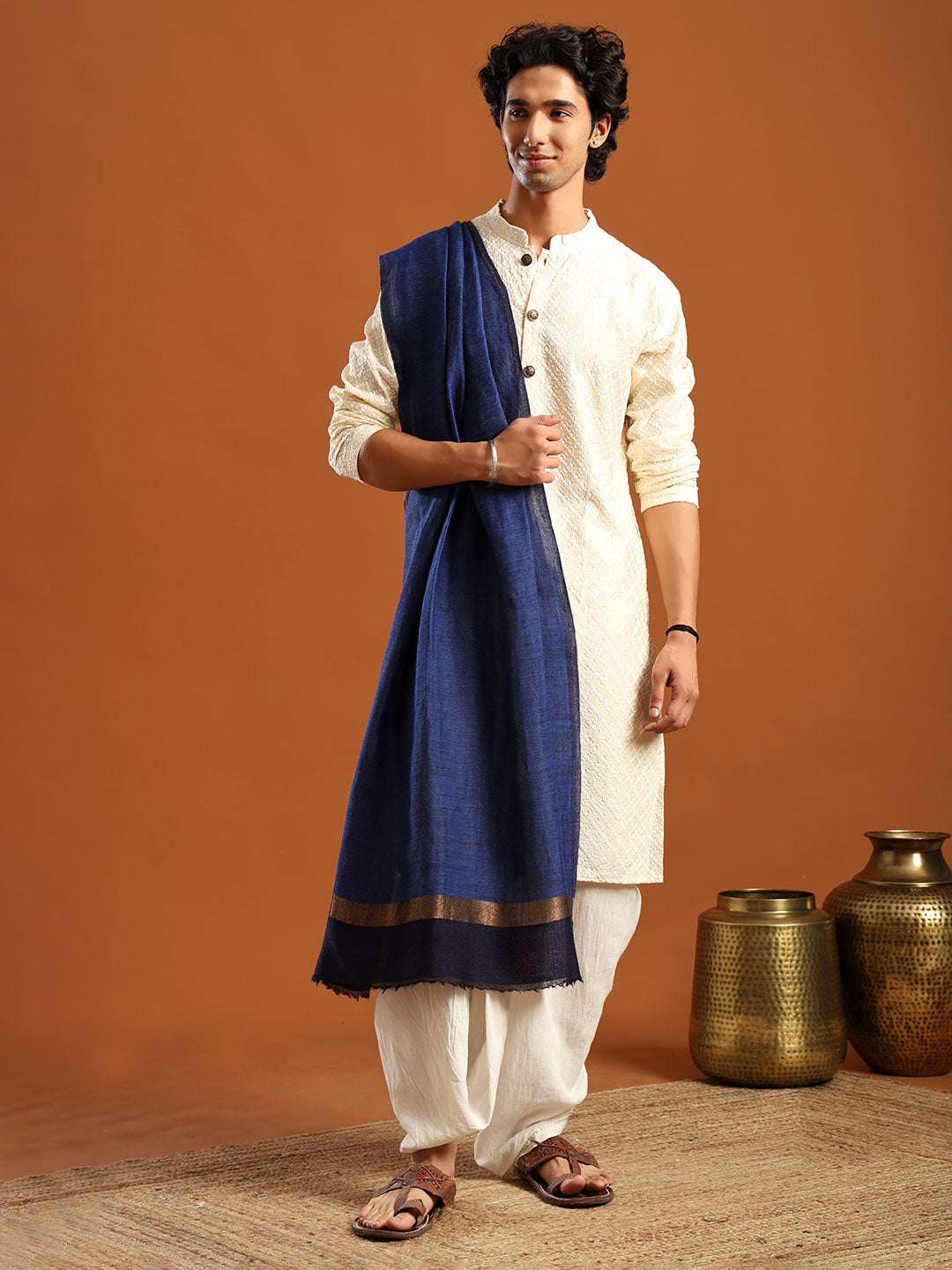 Tweedle Men’s Pashmina Wool Stole with Reversible Double Palla Zari Design - Blue