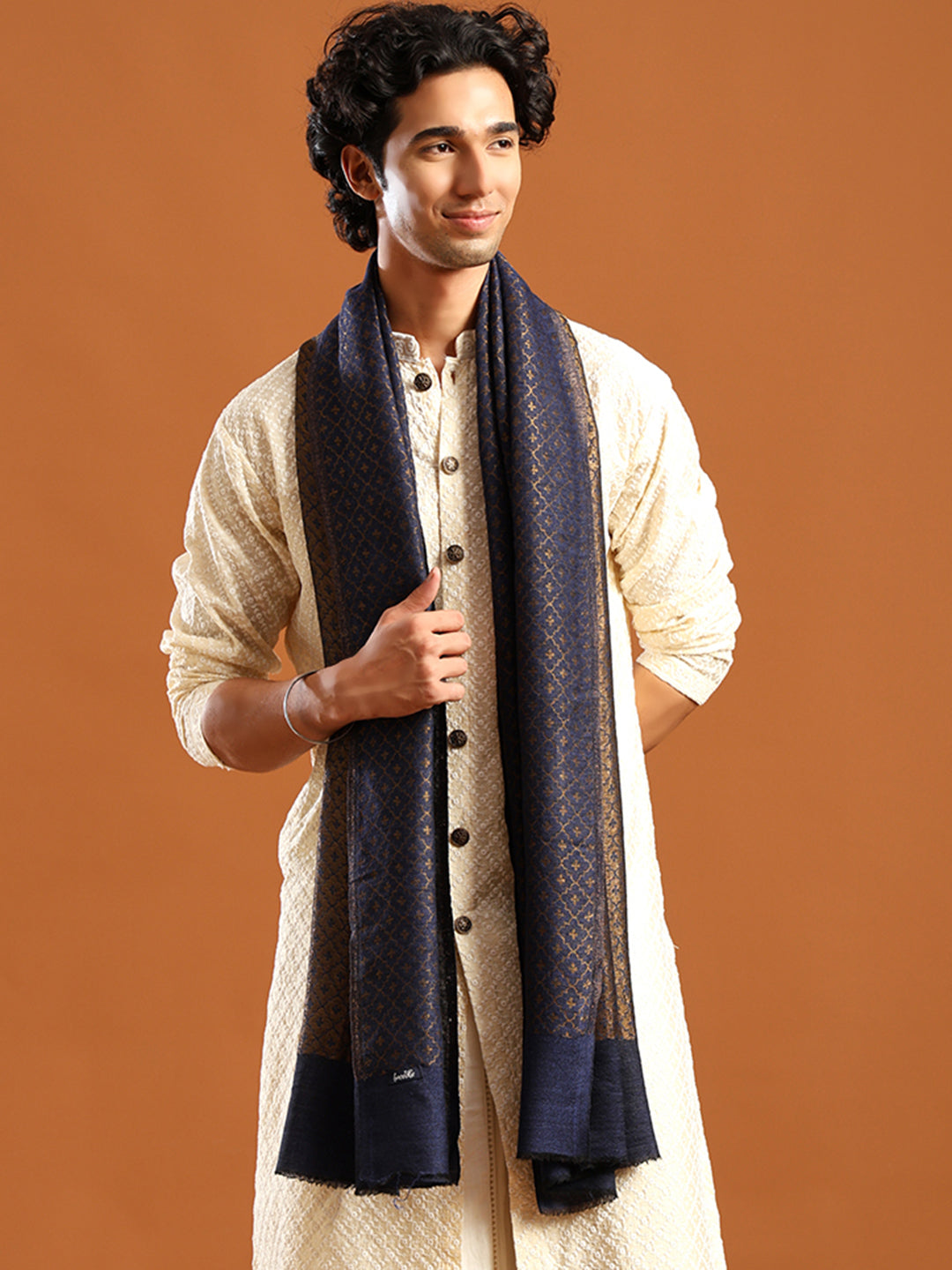 Tweedle Men’s Reversible Pashmina Wool Stole with Floral Zari Weave - Blue