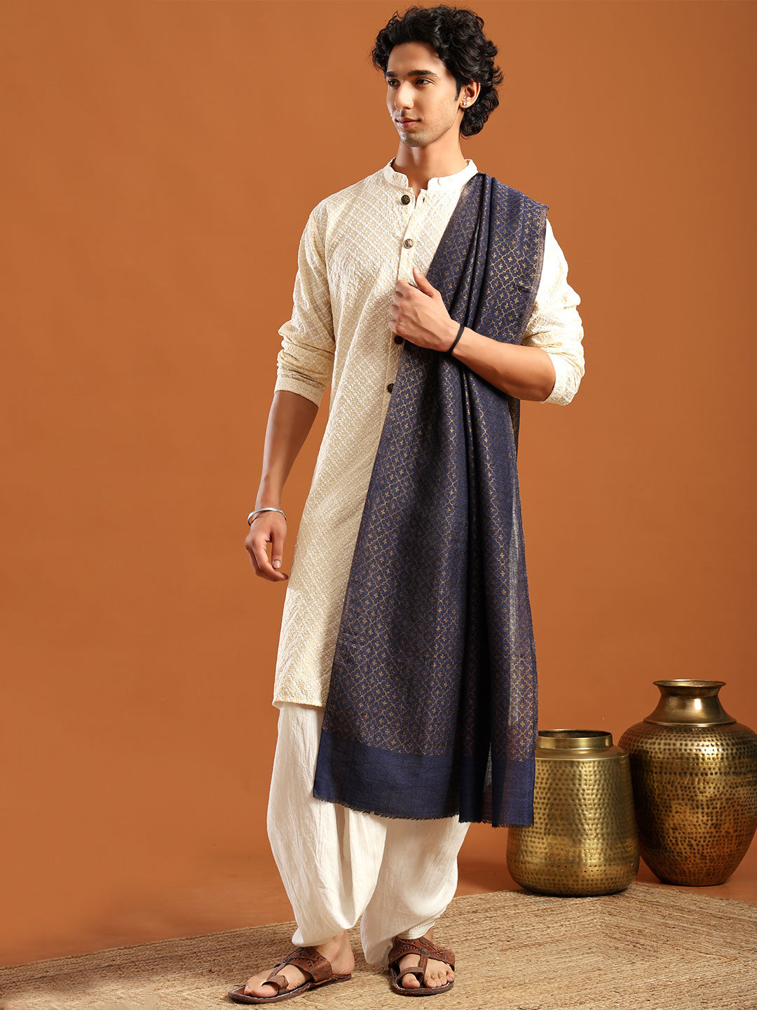 Tweedle Men’s Reversible Pashmina Wool Stole with Floral Zari Weave - Blue