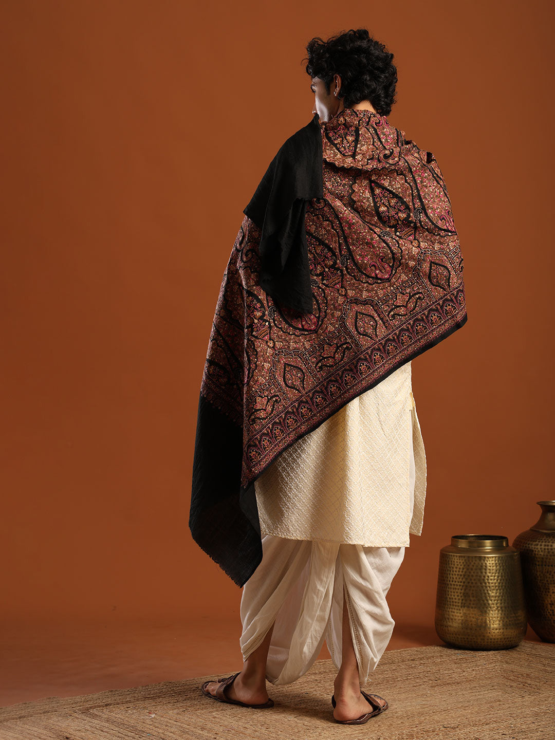 Tweedle Men’s Pure Wool Sozni Embroidery Jama Shawl - Black, Size - 40x80